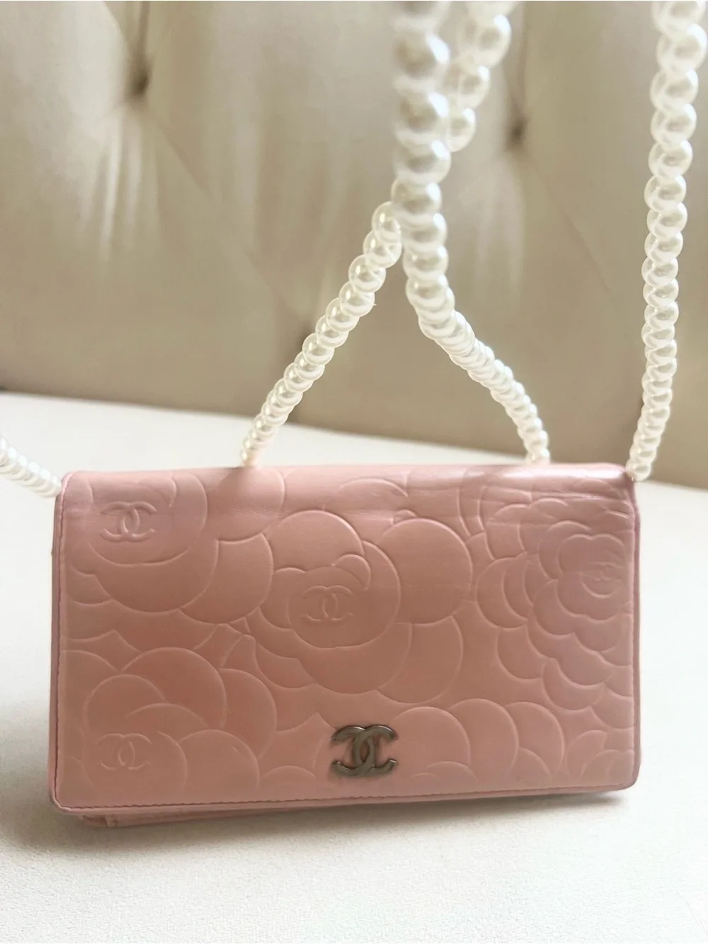 Chanel Camellia Pink Wallet with Pearl crossbody strap